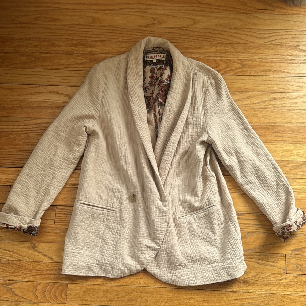 Free People Cream Textured Blazer with Floral Cuff - Picture 4 of 8